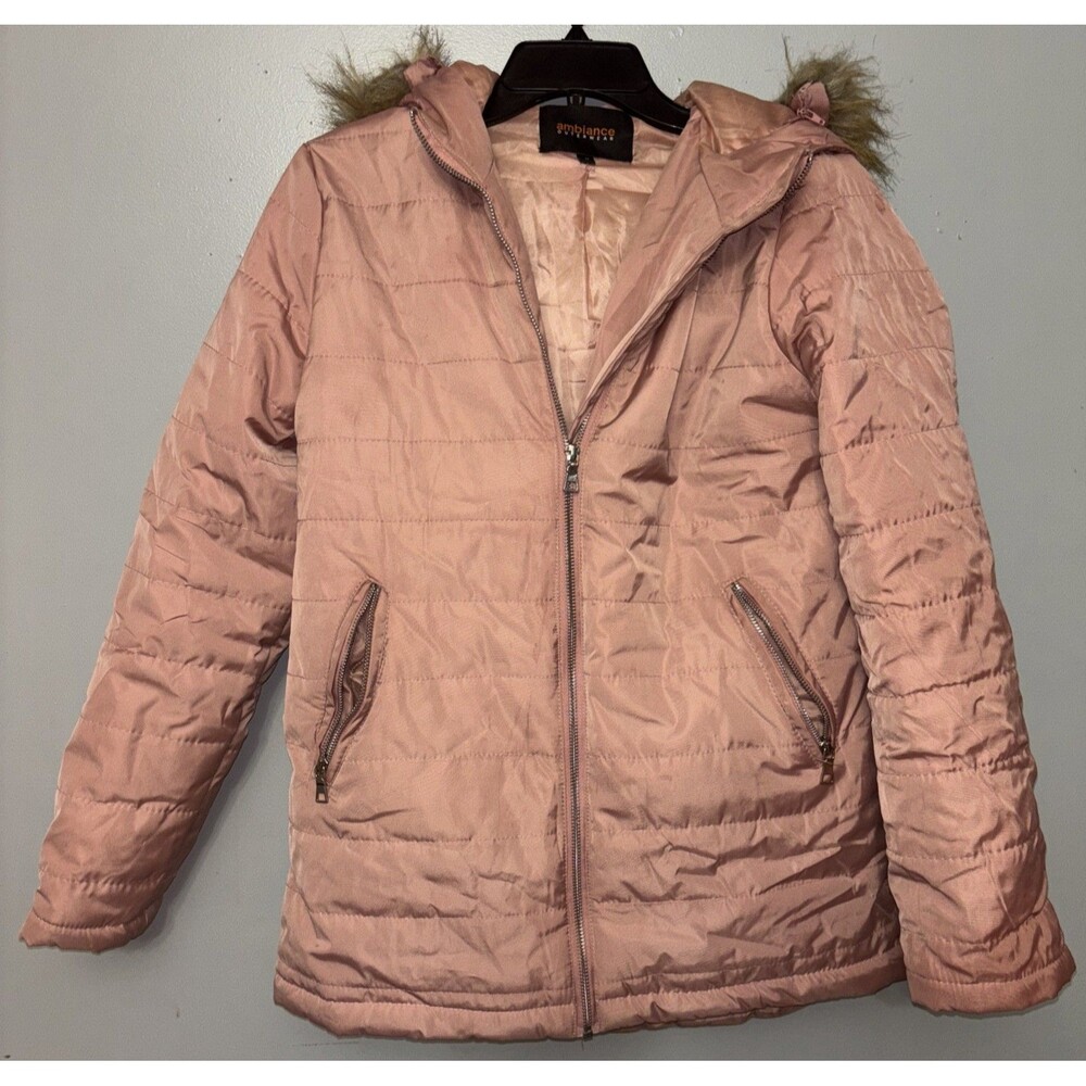 Ambiance Puffer Jacket Pink With Faux Fur Removable Trim Size Medium Zipper